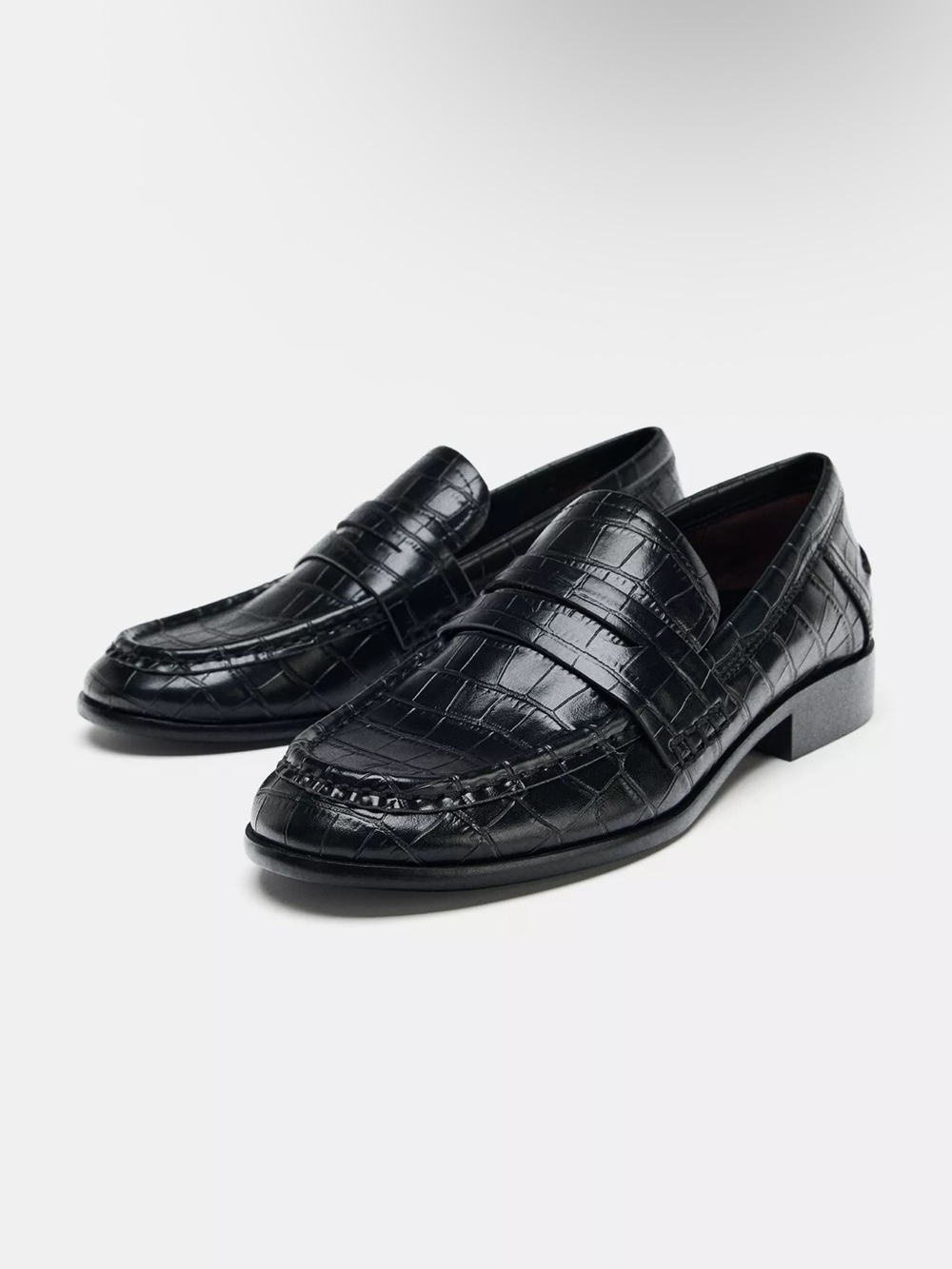 Zara Black Croc-Embossed Leather Penny Loafers